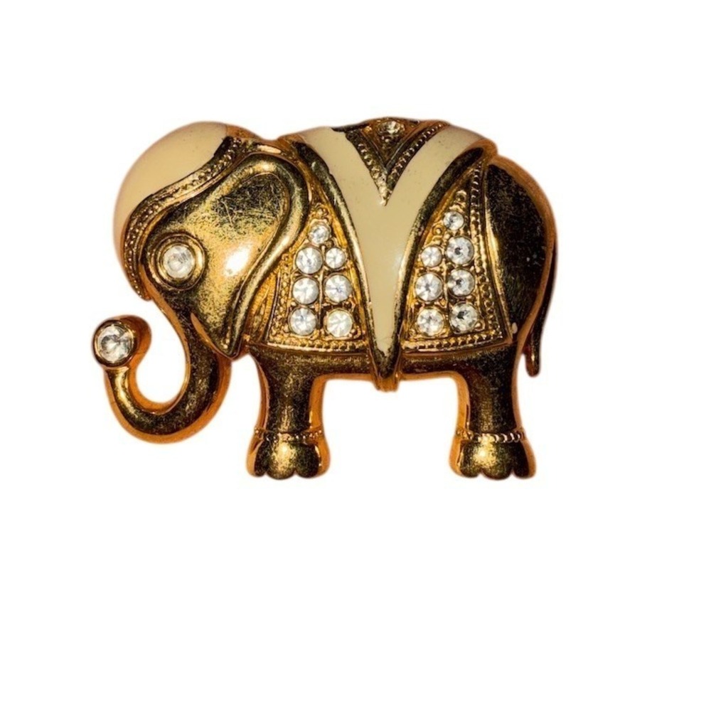 Vintage‎ KJL for Avon Elephant Brooch Pin Gold Tone Enamel Pave Rhinestones